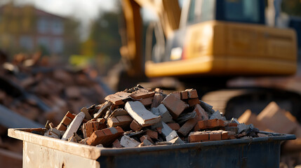A close-up captures debris from a building demolition, with a yellow excavator blurred in the backdrop. Red bricks and concrete rubble fill a container. Project showcases progress and change.
