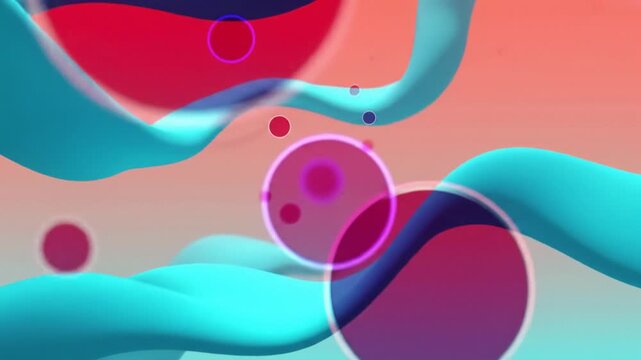 Animation: coral orange to aqua blue gradient, teal wavy lines, glowing red/blue circles drifting with soft light. Ethereal calming atmosphere