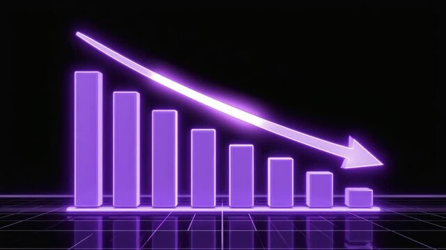 Neon Declining Bar Chart with Down Arrow, Economic Recession Loss Concept