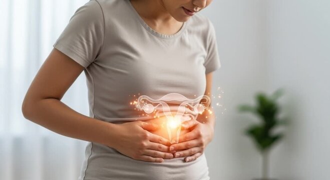 Young Woman Holding Stomach with Digital Uterus Icon in Bright Home Environment