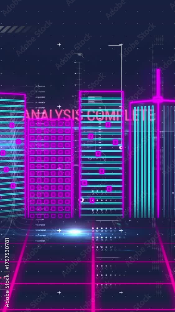 Wall mural animation of interface with data processing on grid network against 3d city model on blue background