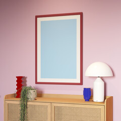 3d render of a modern pink mockup interior with red frame on an empty wall a wooden sideboard and a calathea plant