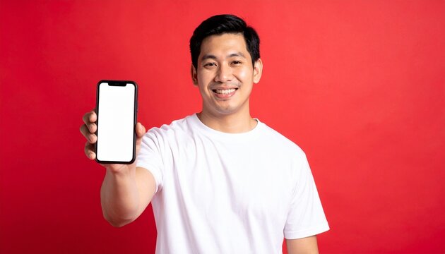 A smiling man holding a phone with a blank screen on a vibrant red background. He looks friendly and approachable. 