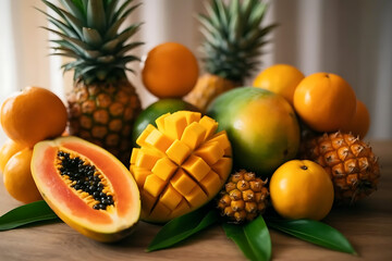 Fresh cut mango, papaya, pineapple and other tropical fruits resting on wooden table