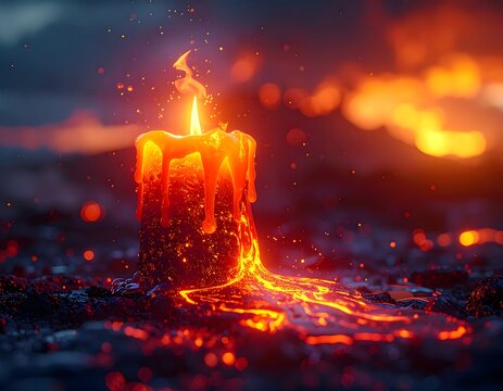 Generative ai a vibrant orange candle melts and drips, with sparks flying around it, set against a dark, fiery, and atmospheric background