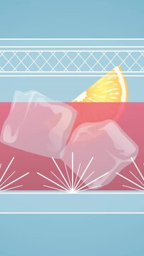 Animation of drink with ice and lemon over blue background