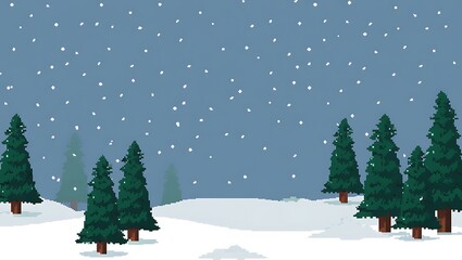 Pixel art winter landscape with pine trees and falling snow