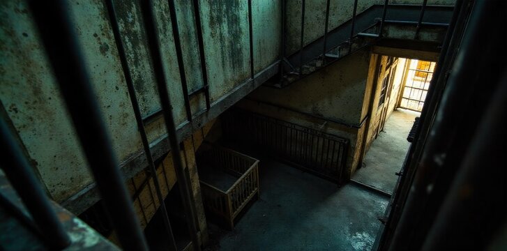 Rusty Metal Bars of an Abandoned Prison Cell A view through heavy, corroded iron bars of an empty, dark prison cell. The bars are thick and show significant rust and decay. The interior of the cell is