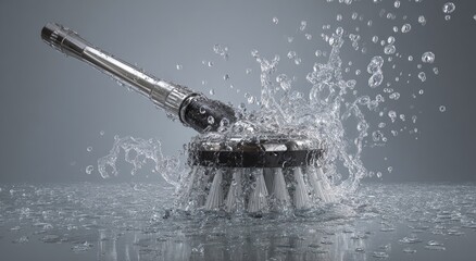 Metallic device with bristles submerged in water, creating splashes and droplets, grey background