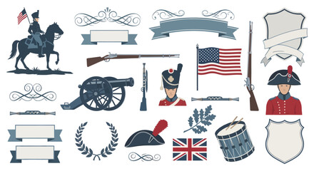 Collection of historical military illustrations featuring soldiers, cannons, flags, and decorative elements.