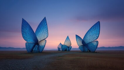 Monumental, illuminated butterfly sculptures stand in a vast, desolate landscape at dusk