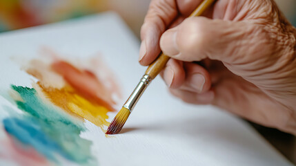 A hand holds a paintbrush, applying strokes of vibrant watercolors to paper. The colorful artwork in progress showcases a blend of artistic expression & skillful technique.