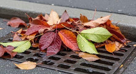 Leaves covering storm drain with colorful autumn foliage  