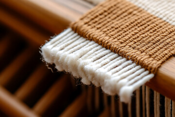 Woven textile art close-up with brown and white threads displaying intricate texture and craftsmanship. Perfect for showcasing artisan skills in home decor and fiber arts.