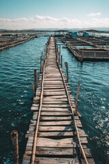 Rustic wooden pier over tranquil waters leading to fish farms under clear blue sky,World Fisheries Day