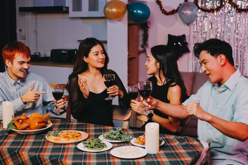 Diversity, dinner and group of people toast celebration together at party. Friends, happy and celebrate with food, wine and friendship for love, support and cheers champagne at business function