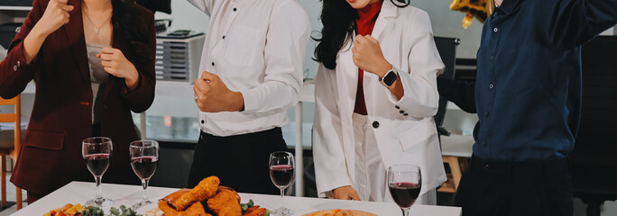 Diversity, dinner and group of people toast celebration together at party. Friends, happy and celebrate with food, wine and friendship for love, support and cheers champagne at business function