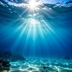 Bright sunbeams filter through ocean surface, illuminating the sandy seabed