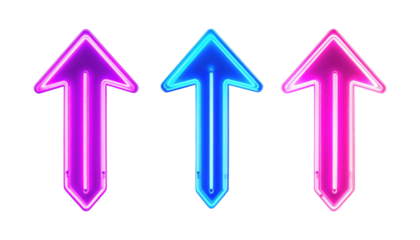 A neon geometric arrow set (leftrightup) with inner core glow and crisp edges, interface overlay, isolated on transparent background, png