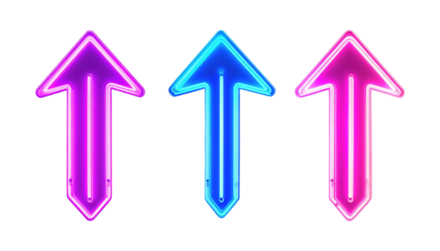 A neon geometric arrow set (leftrightup) with inner core glow and crisp edges, interface overlay, isolated on transparent background, png