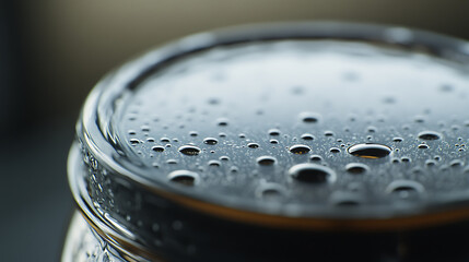Macro shot of water droplets clinging to a cool surface, the texture highlighting the intricate details of condensation and the interplay of light and shadow.