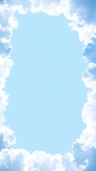 Cloud frame soft cumulus border around edges, sky‑blue hint at corners, center blank for headline, cheerful yet minimal