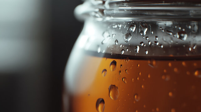 A close-up of a transparent jar filled with a golden liquid, condensation forming droplets on the glass, highlighted by ambient lighting, set against a blurred, neutral background. - Powered by Adobe