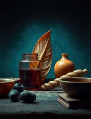 Still life photography: jar, leaves, vase, stones and wooden elements on textured dark background.