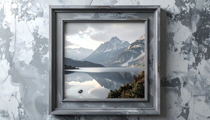 A framed picturesque landscape of serene mountains reflected in a calm lake