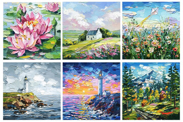 Impasto Landscape and Floral Painting Set. Cottage, Lighthouse, Mountains, Wildflowers, Water Lilies, Sunset