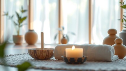Spa Treatment Setting with Candlelight, Towel, Wooden Bowl, and Natural Indoor Environment.