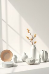 Minimalist Studio Scene with Vases, Plate, Podium and Branch, Modern Japanese Aesthetic.