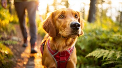 Golden retriever dog walking with owner on forest trail at sunset, enjoying outdoor adventure, companionship, and pet friendly recreation in nature