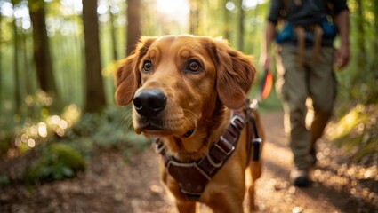 Golden retriever dog walking on a sunlit forest path with its owner, showcasing outdoor activity, exploration, companionship, and a healthy lifestyle in nature