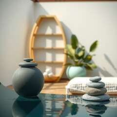 Zen Garden Spa Scene: Stacked Stones and Reflections in a Minimalist, Geometric Setting.