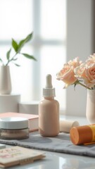 Serene beauty scene: Minimalist skincare products with roses, plants, and bright window light.