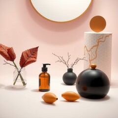 Minimalistic indoor scene with geometric shapes, botanical elements, and personal care product against a solid background.