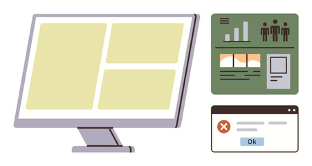 Computer screen featuring interface layout and statistics, showcasing charts, error pop-up dialog, and user insights. Ideal for UIUX design, data analysis, error report, software demo, monitoring