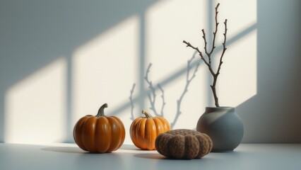 Autumnal Still Life: Pumpkins, Vase, Branches, and Shadows in a Studio Setting.