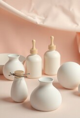 Minimalist scene: AI-generated, high-quality luxury pottery still life against a peach background.