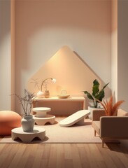 Minimalist indoor scene with geometric shapes, plants, and soft lighting, a calming environment.