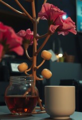 Abstract High Quality AI-Generated Still Life with Tea, Flowers and Unique Decorative Elements.