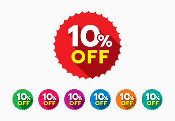 Discount sticker of special offer 10% Off. Ten percent off discount tag set for marketing campaigns. Special offer tag sticker design element for promotional activities.