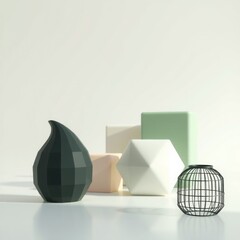 Minimalist still life with geometric objects in pastel tones against a white background.