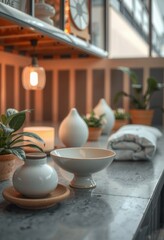 Serene Spa Setting: Still Life with Plants, Candles, and Minimalist Décor, High Quality.