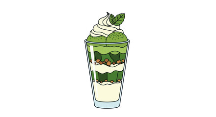 Delicious Green Matcha Parfait with Whipped Cream and Mint Leaf. © wongpunduh