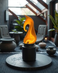 Indoor setting with glowing, abstract flame-like sculpture on display table. Minimalist scene.