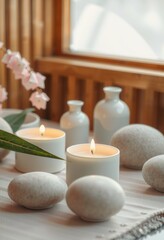 Minimalist macro photography: Candles, stones, and white vases in soft light, zen, no people.