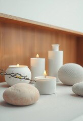 Minimalist spa setting with candles, stones, and a small branch, focusing on wellness.