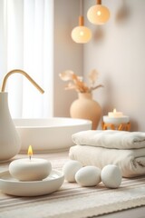 Serene spa setting with candle, towels, and decorative objects for relaxation and wellness.